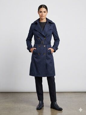 Barneys New York CO-OP Navy Double-Breasted Belted Trench